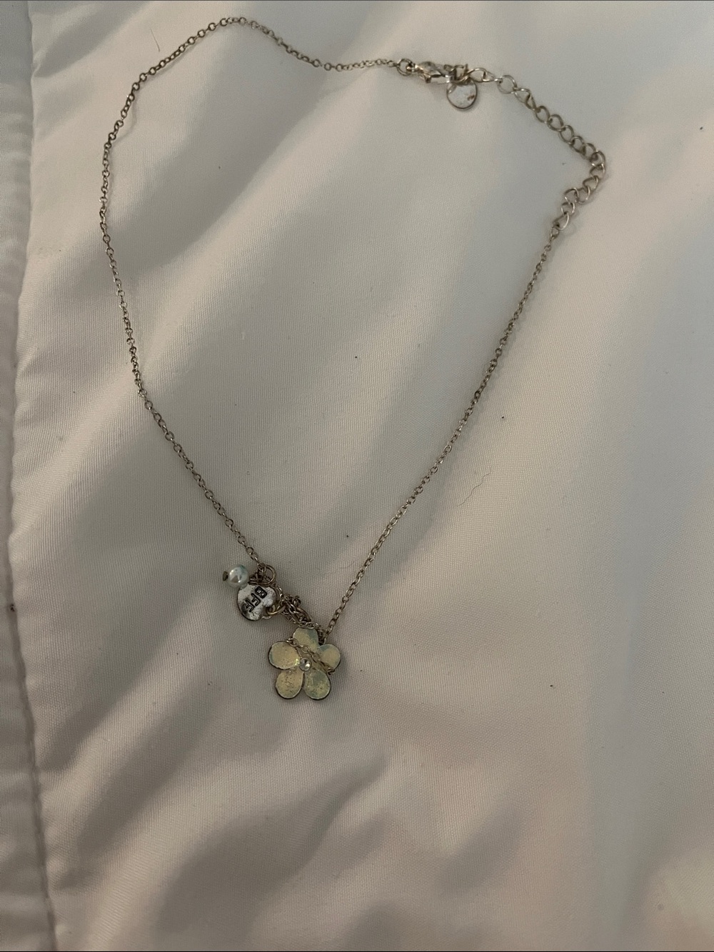 Delicate Silver Flower Pendant Necklace in Cream With charm BFF